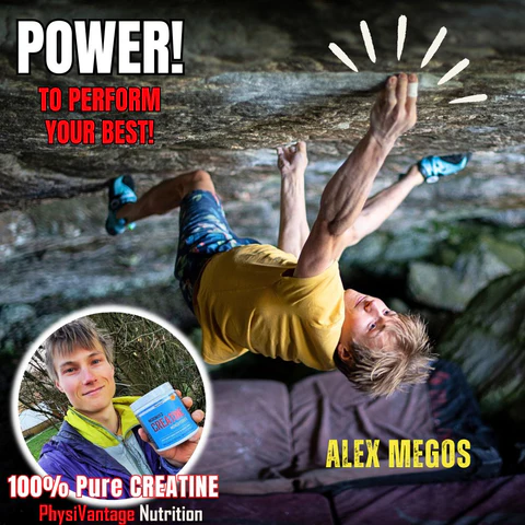 Alex Megos usando creatina PhysiVāntage durante su entrenamiento